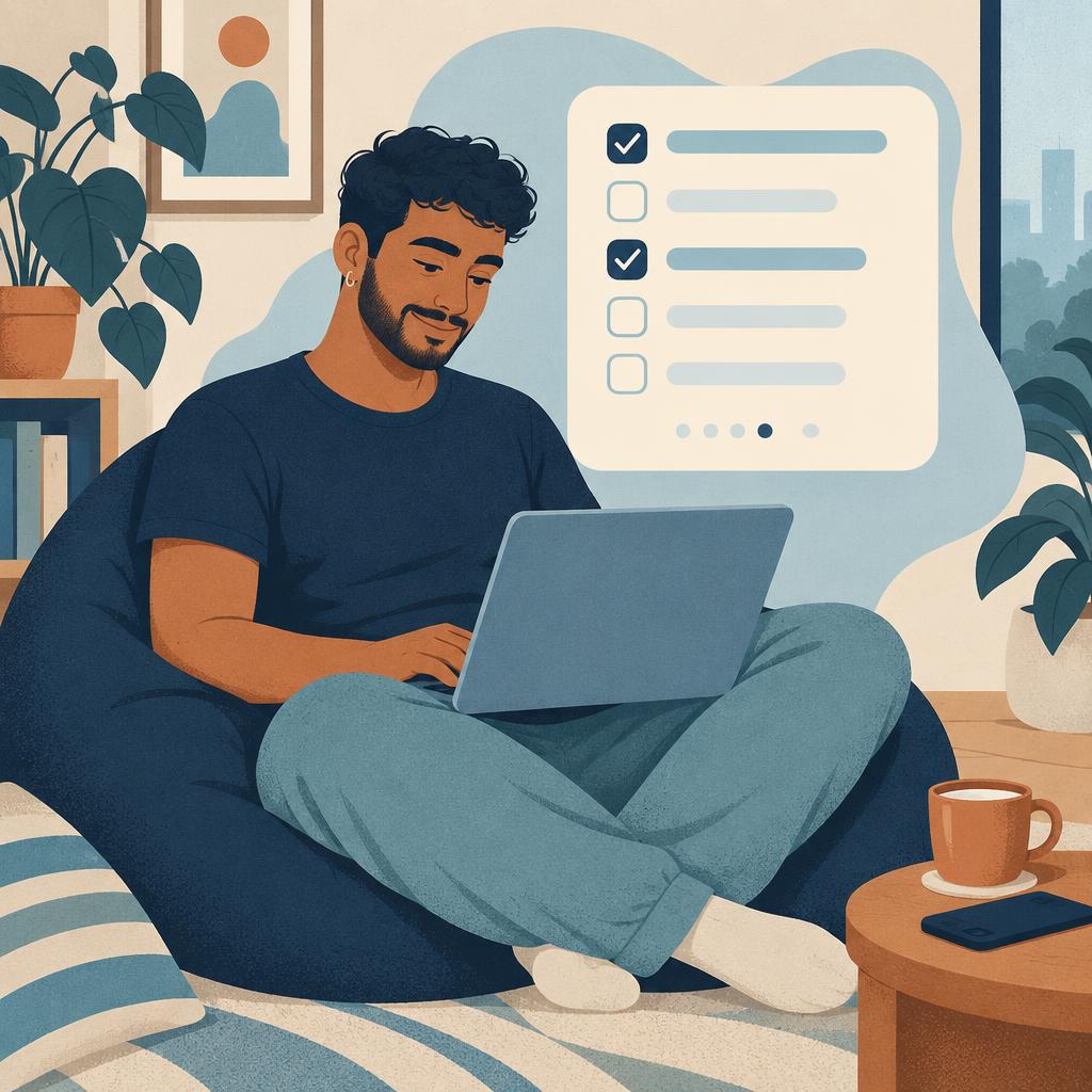 Ilustração de um homem respondendo ao questionário em seu notebook